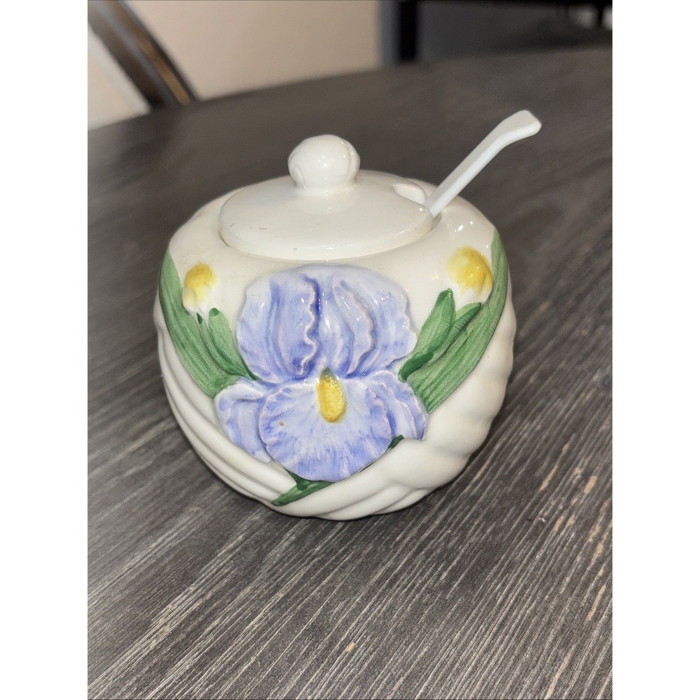 Otagiri Mary Ann Baker Floral Basket Jam Sugar Pot Bowl with Spoon Japan Vintage